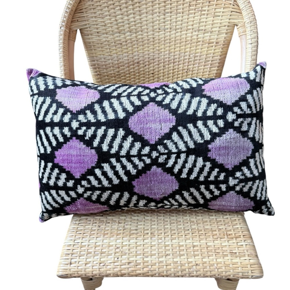 MD Home Turkish Woven Silk Ikat Lumbar Pillow – Pink & Black Geometric
